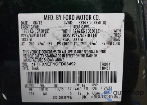 2012 Ford F-150 Xlt from USA, damaged, VIN 1FTFX1EF1CFD03492